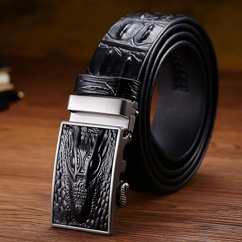 NEUER Hochwertiger Echtleder-Gürtel aus Kuhleder für Herren mit Automatikschnalle, Krokodil-Vintage-Design, Cintos Herren-Jeansgürtel, Luxus-Hochzeitsgürtel
