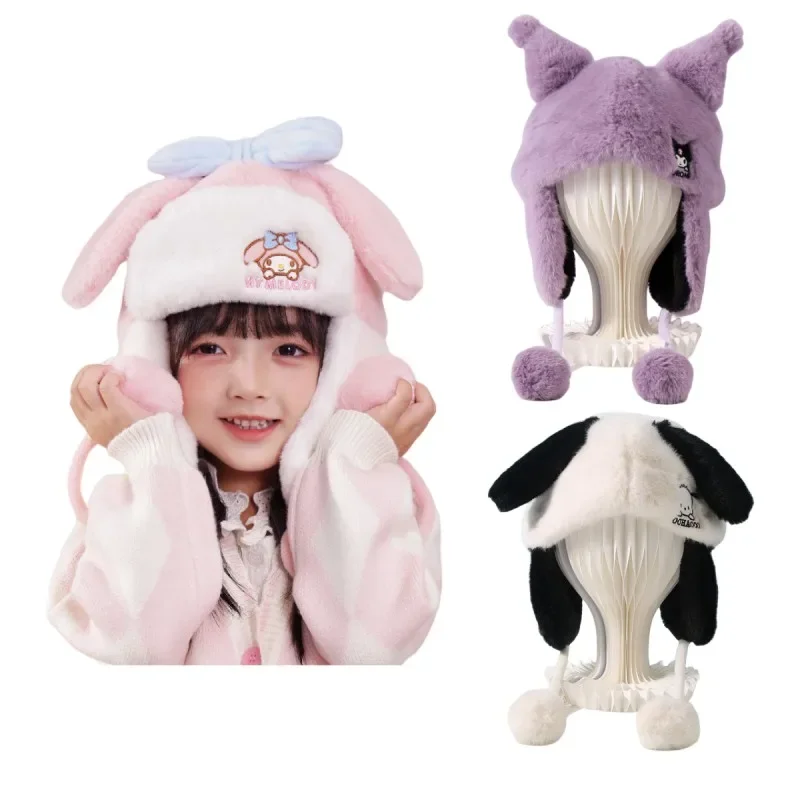 

Anime Sanrios Pochacco Cinnamoroll Kuromi Kid Ear Protection Hat Cartoon Cute Girl Winter Warm Windproof Hat Christmas Cap Gift