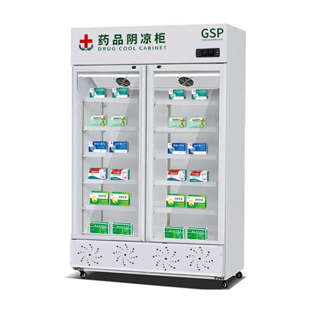Green Health Medicine Double Doors Chiller Display Cabinet Upright Cooler Freezer Medications Fridge