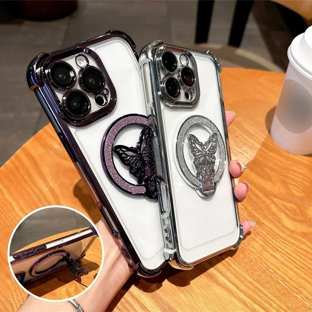 Luxury Glitter Rhinestones Butterfly Stand Phone Case with Electroplated Space Cover