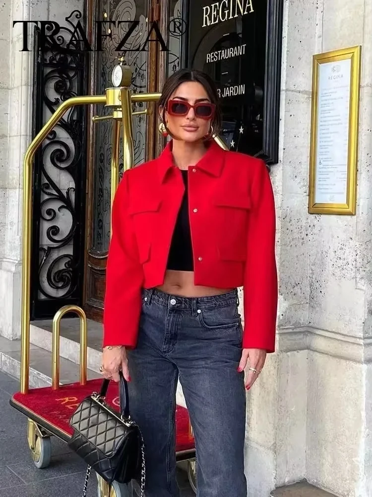 HH Autumn Jacket For Women Slim Cropped Coat Elegant Solid Long Sleeve Jacket Front Flap Pocket Outerwear Fashion Streetwear