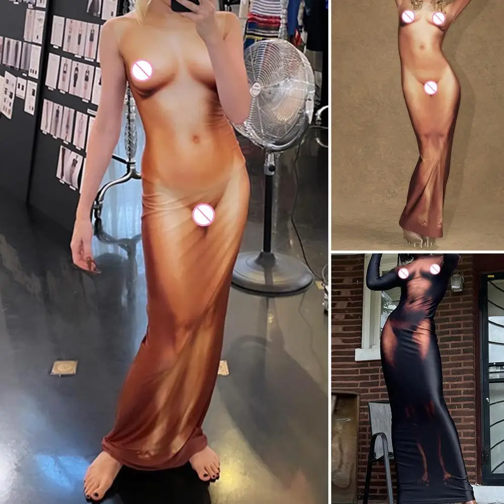 

Sexy Tight Dress O-neck Long Sleeves Waist Tight Hip Wrap Bodycon Dress 3D Body Print Maxi Dress Clubwear Clothing