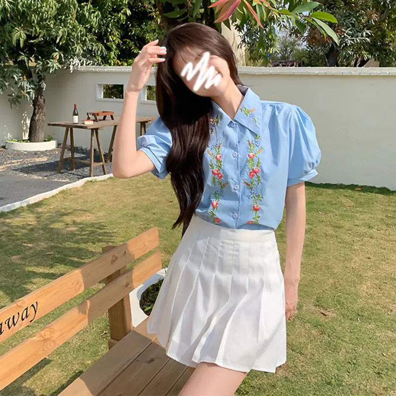 Fashion Women Sweaters 2024 Flower Embroidery Shirt Kawaii Shirt for Women Short Puff Sleeve Top Hawaiian Shirt