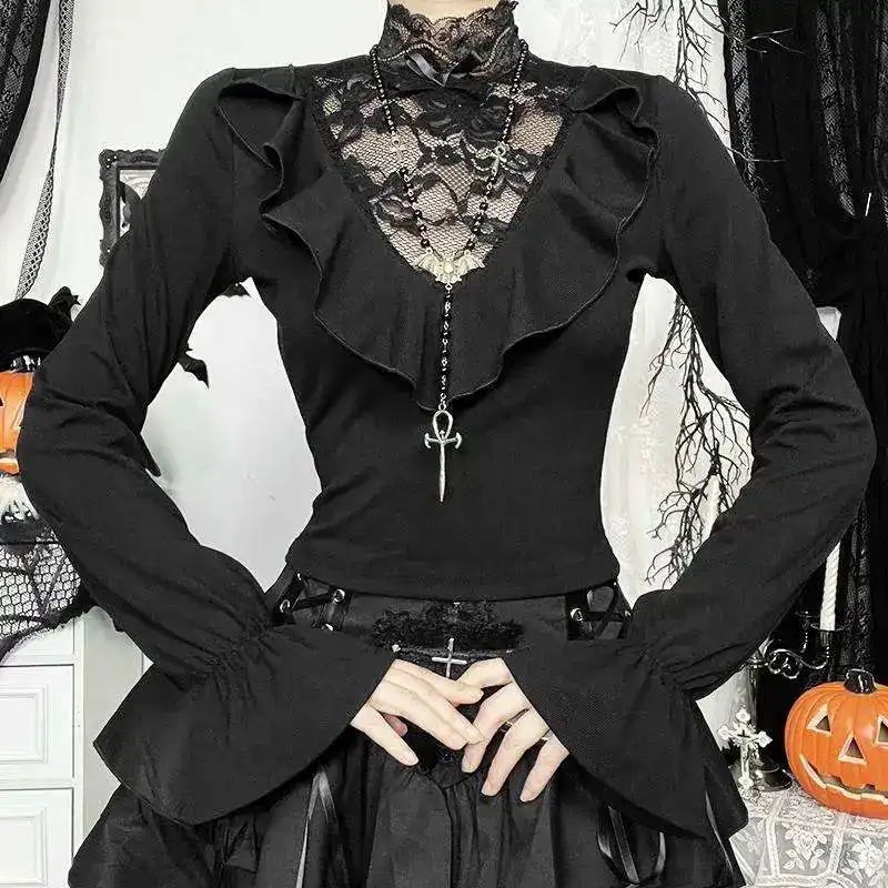 Gothic Dark Ruffle Lace Patchwork Blouse Slim Street Stand Collar