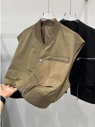 Chic Casual Zipper Cargo Vest Women Spring Summer 2024 New Loose Design Decorative Zipper Splice Short Sleeveless Jacket Fashion