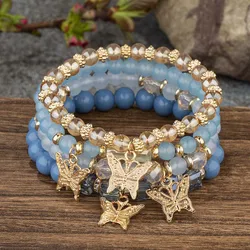 Elegant Bohemian Butterfly Beaded Bracelet Set - Pink Acrylic Beads and Elastic Chain Bangle (3)