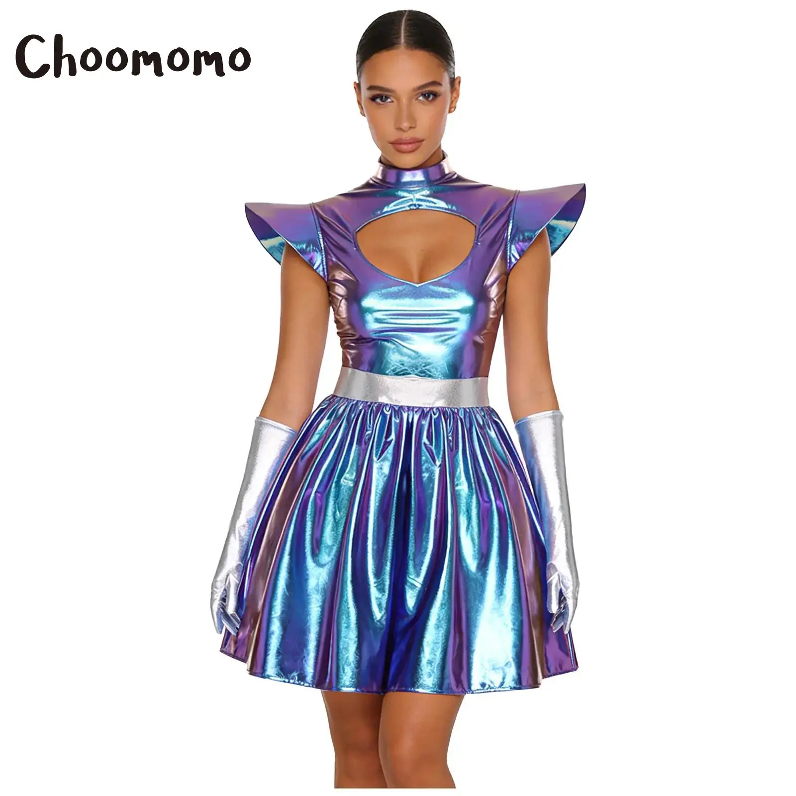 Women Alien Robot Cosplay Costume Metallic Shiny Cap Sleeve A-line ...