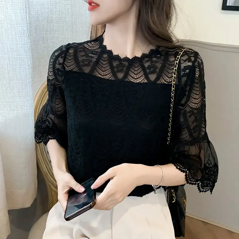 

Hollow Out Lace Patchwork Tops Tees Round Neck Half Sleeve Solid Loose Pullovers Elegant Fashion