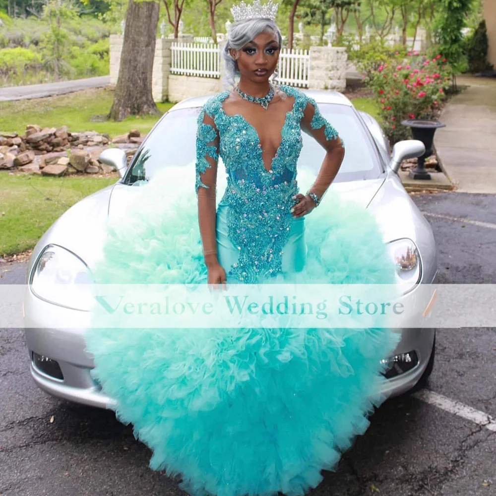 

Blue Beads Mermaid Prom Dresses 2023 For Black Girls African Gala Dresses Ruffles Organza Evening Party Ball Gown