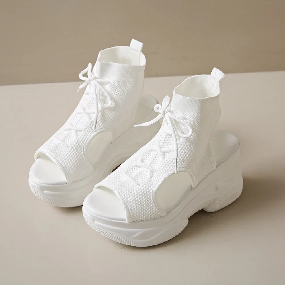 2025 New Summer Fashion Comfortable Round-toe Wedge Light Roman Sandals Non-slip Thick-soled Lace-up Casual Sneakers for Women