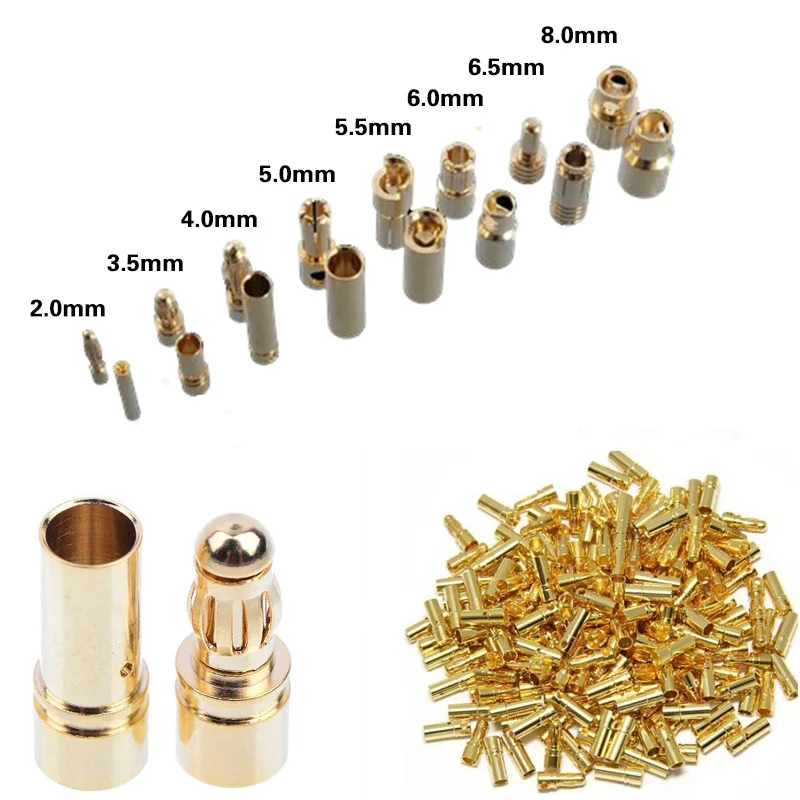 

20 pair/lot 2.0mm 3.0mm 3.5mm 4.0mm 5.5mm 6.0mm 8.0MM Gold Bullet Banana Connector plug for ESC Lipo RC battery Plugs (40pcs)