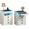 Night Stand Set 2 with Gun Drawer, Modern Nightstand with Wireless Charging Station, Smart Bedside End Table with Glass Top&4 Dr 1