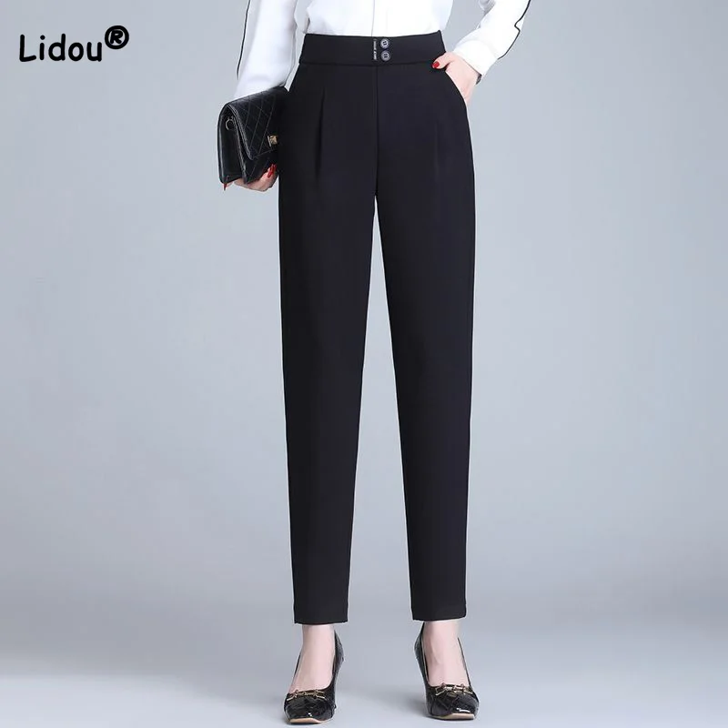 

Spring Summer Thin Eight/Nine Points Trousers Solid Color Pockets Patchwork Two Grain Buckle High Waist Loose Women Harem Pants