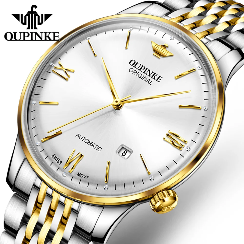 OUPINKE Original Swiss Brand Ultra Thin 7.3mm Automatic Mechanical Watch for Men Lxuury Sapphire Mirror Auto Date Men Wristwatch