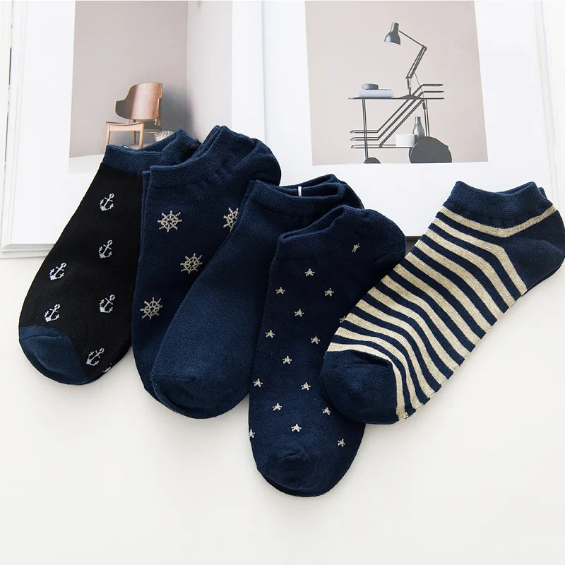 

5 Pairs Fashion Business Men Navy Breathable Stripe Anchor Star Snow Male Spring Summer Boat Socks Comfortable Cotton Ankle Sox