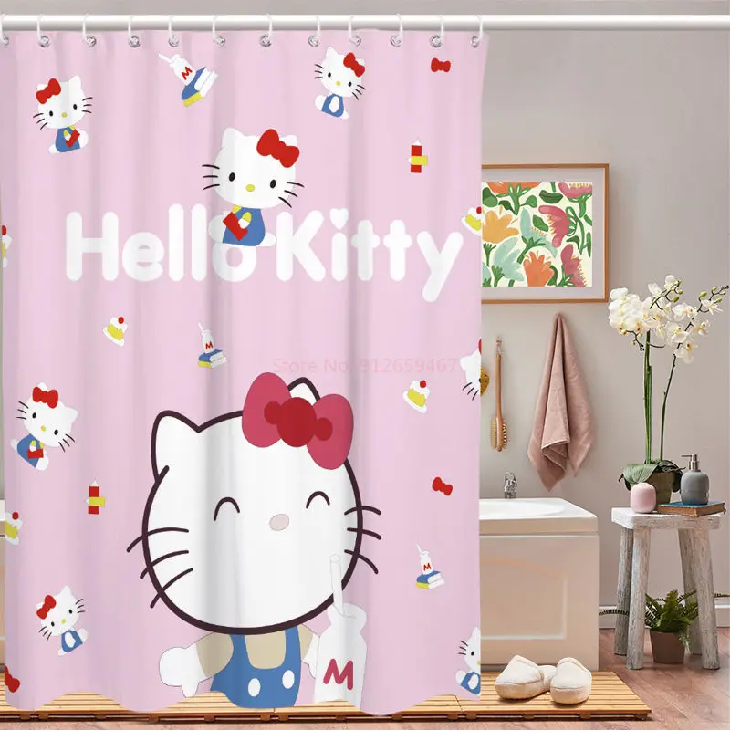 Sanrio Shower Curtain Kawaii Sanrio Hellokitty Cinnamoroll Mymelody Kuromi Cartoon Shower Curtain Waterproof Polyester Bathroom Curtain With Hook Gift