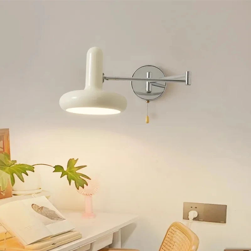 

White Swing Arm Adjustable LED Wall Lamp Retractable Hardwired Wall Light Bedroom Bedside Living Room LED Lights Reading Sconce