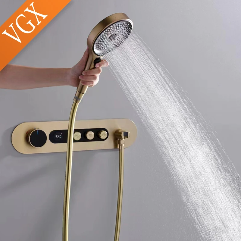 VGX Luxury Concealed Thermostatic Shower System Set Temperature Display Waterfall Shower System Rainfall Bathroom Set