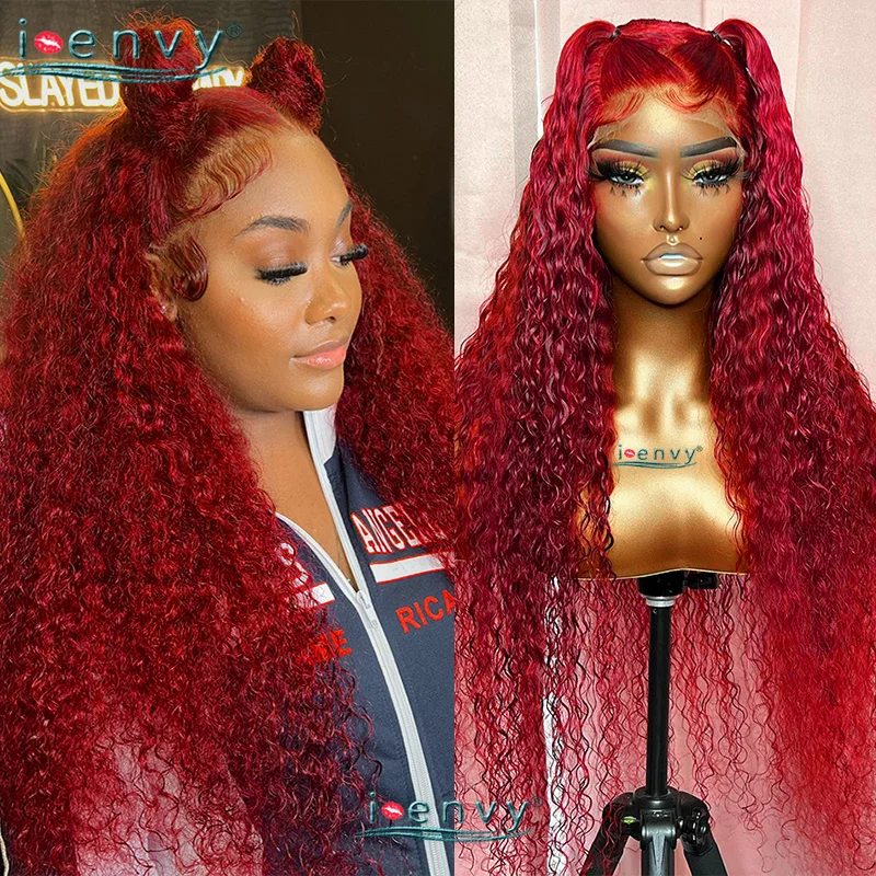 

13x4 Deep Wave Lace Frontal Wig Colored Red Lace Front Human Hair Wigs Transparent 99J Burgundy Kinky Curly Human Hair Wig 180%