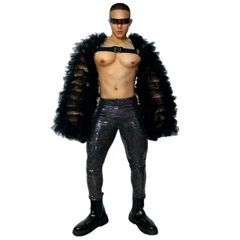 Bar Discoteca DJ Gogo Ballerino Abbigliamento da palcoscenico sexy Carnevale Party Club Costume Garza nera Manica soffice Top Pantaloni skinny Rave Outfit 1