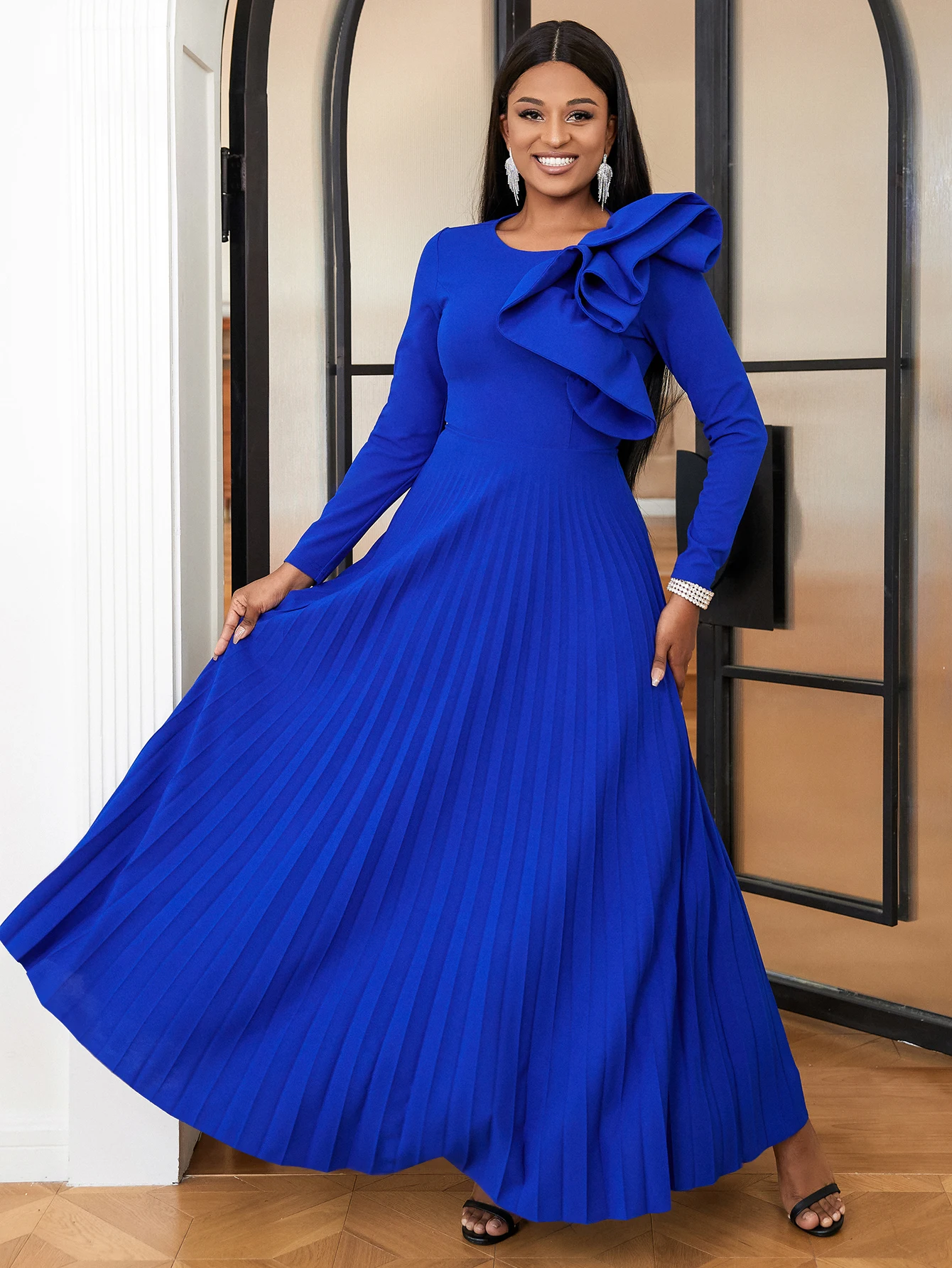 Blue Pleated Dresses O Neck Long Sleeve High Waist A Line Ankle-Length  Birthday Wedding Guest Evening Party Gowns for Women 2024 - AliExpress  200000345
