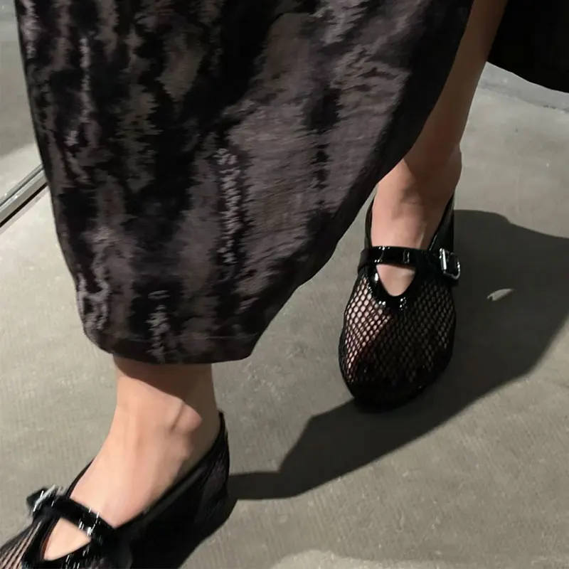 Fashionable Mesh Women's Ballet Mary Jane Shoes Summer Walking Shoes Round Toe Buckle Flats