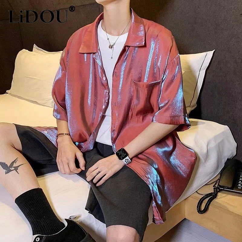 2023 Korean Fashion Summer Sports Chic Shirt Men Y2k Street Hipster Loose Casual Safari Creative Short Sleeve Solid Color Top