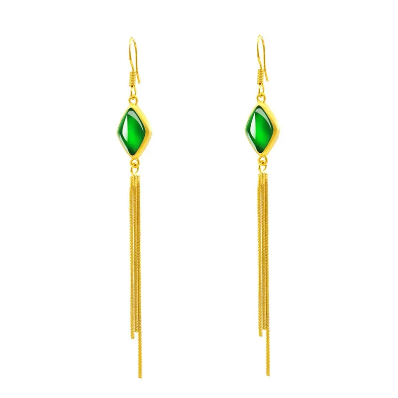 

Tassel Earrings Fashionable and Personalized Sand Gold Jade Long Earrings for Women 18k Yellow Gold