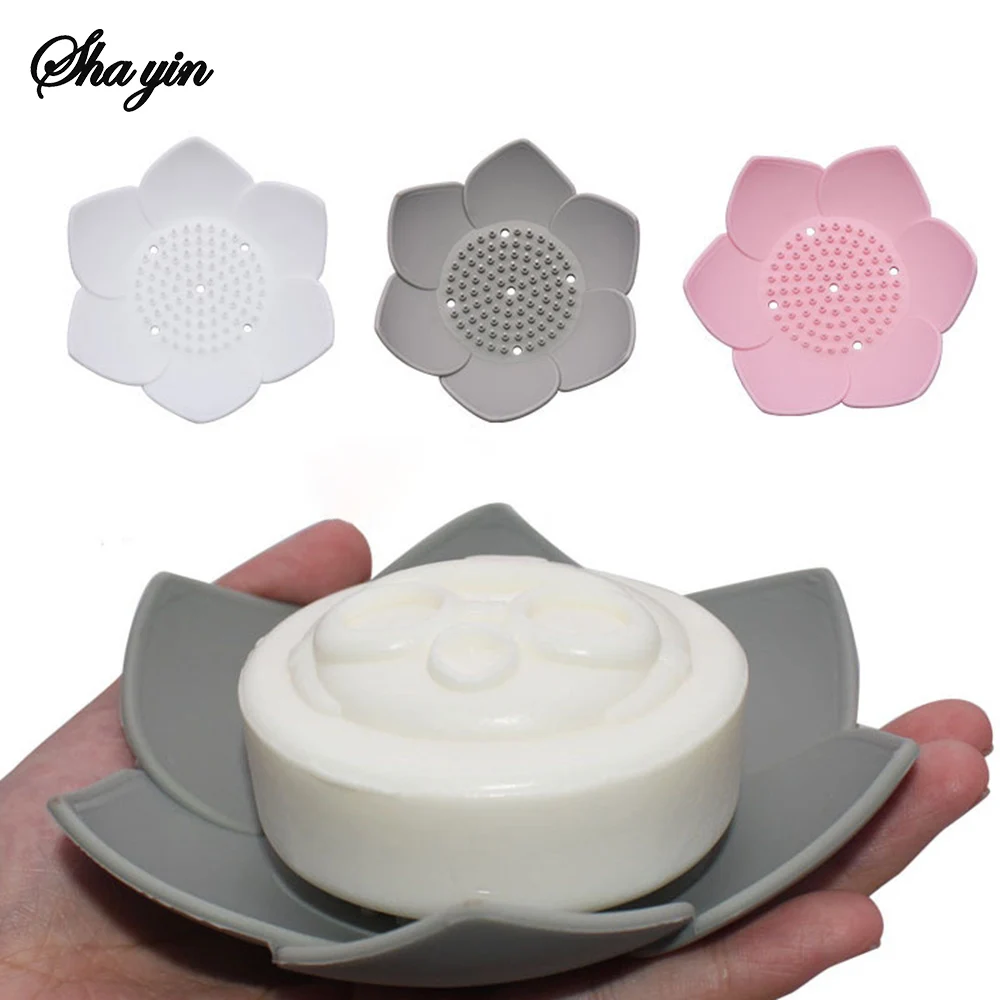 1pcs Bathroom Soap Box Lotus Design Soap Holder Silicone Box Drain Bathroom Accessories