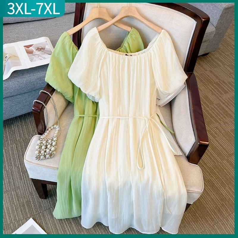 

Женское свободное платье средней длины, элегантное зеленое платье с ремнем и коротким рукавом, большие размеры 3XL, 4XL, 5XL, 6XL, 7XL, Новинка лета 2023