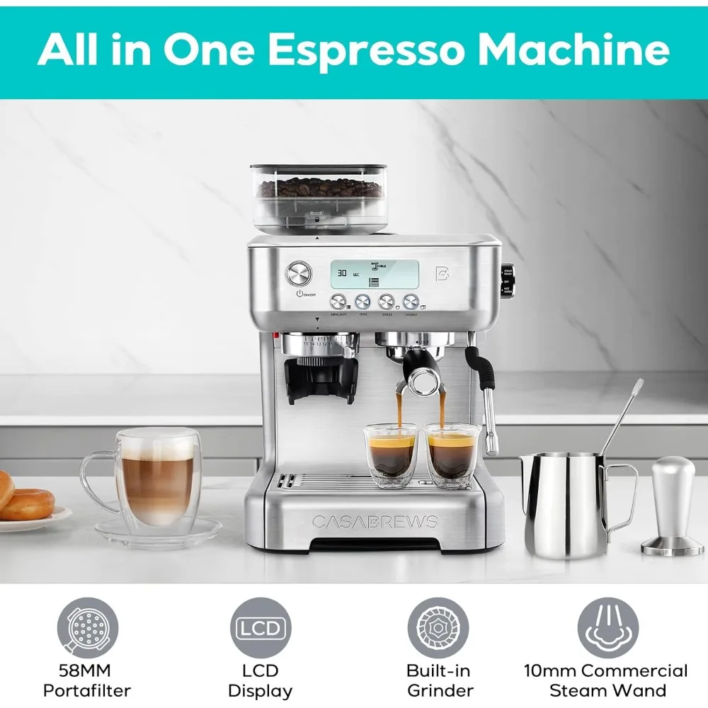 

Machine with Grinder, Barista Espresso Maker with Milk Frother Steam Wand, Professional Cappuccino Latte
