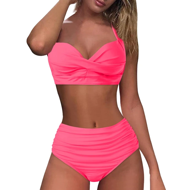 Solid Color High Waisted Bikini Sets For Women Sexy Push Up Two Piece  Swimsuits Ruched Underwire Swim Tops Bottom Bathing Suits - AliExpress