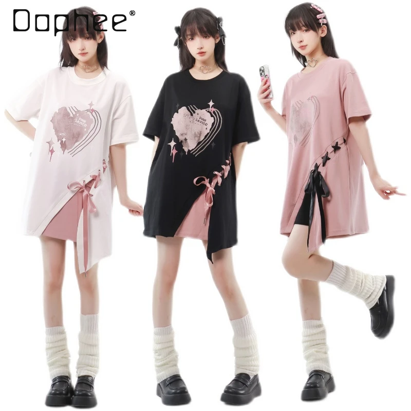 

2024 Summer Sweet Girl Love Heart Printed Lace Up Crew Neck Pink Top Casual Patchwork Cotton Short Sleeve Casual Long T-shirt