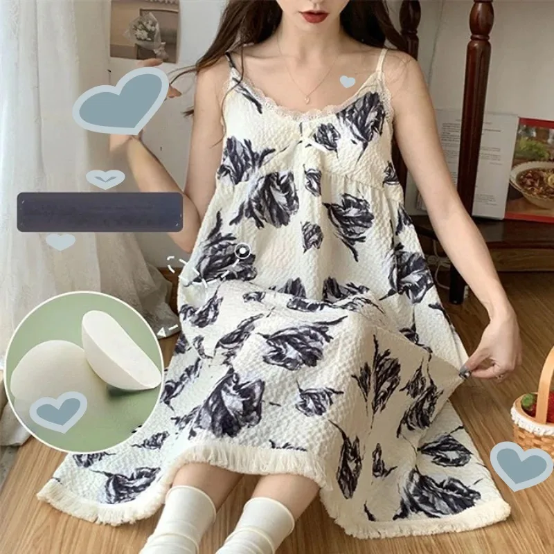 일본 스타일 귀여운 여성 잠옷, 브래지어 패드, 느슨한 여성 홀터 잠옷, 2024 여름 쿨, 신상 소프트 홈 라운지 Y2k 