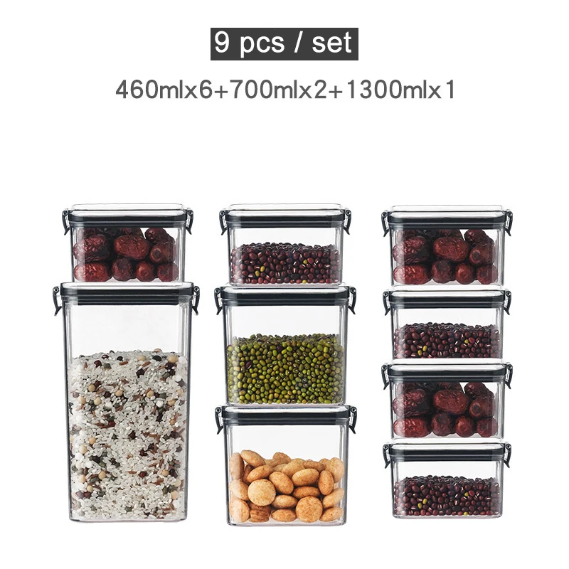 

9pcs Set Transparent Storage Tank Grain Sealed Storage Dried Fruit Snack Moisture-proof Sealed Buckle Organizer Kitchen Accessor