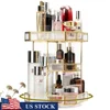 360 Degree Rotating Glass Makeup Organizer Large Cosmetic Storage Display Holder with Adjustable Compartments and Elegant Gold 1