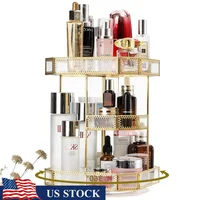 360 Degree Rotating Glass Makeup Organizer Large Cosmetic Storage Display Holder with Adjustable Compartments and Elegant Gold 1