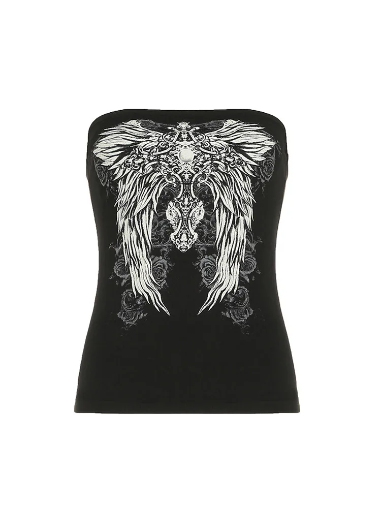 Gothic Print Black Strapless Tube Top Women Skinny Cropped Summer Casual Chic Graphic Tee Y2K Streetwear Basic Vest - 5