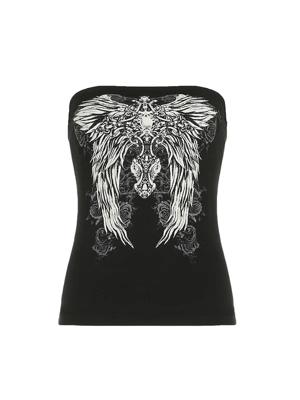 Gothic Print Black Strapless Tube Top Women Skinny Cropped Summer Casual Chic Graphic Tee Y2K Streetwear Basic Vest