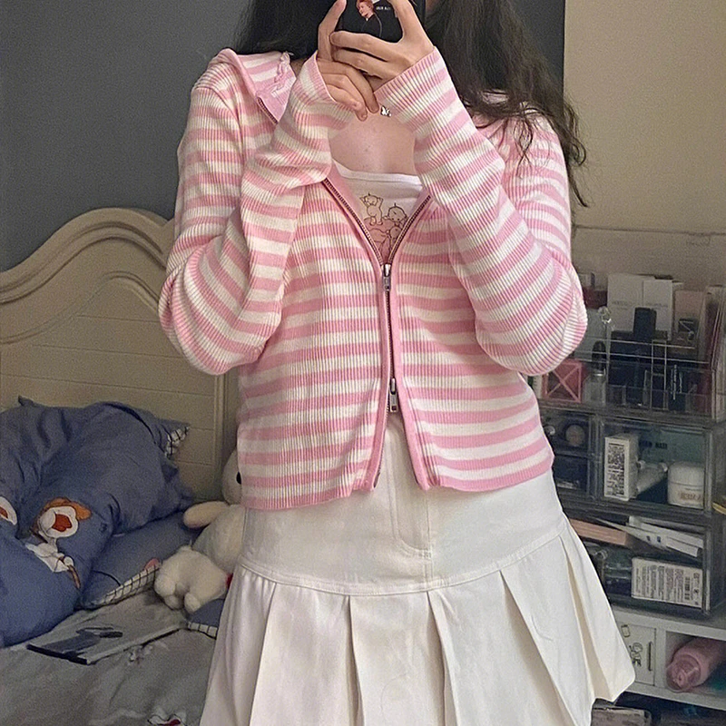 Spring 2023 Pink Cardigans Women Striped Knitted Tops Long Sleeve Zipper  Thin Stretchy Hooded Sweater Harajuku Kawaii Clothes