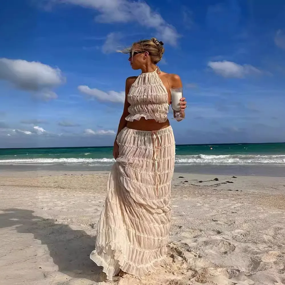 2024 Spring Summer Female 2 Piece Set Fashion Solid Hang Neck Long Skirt Suit Women Backless Sling Top Lace Up Fold Maxi Skirts - Image 3