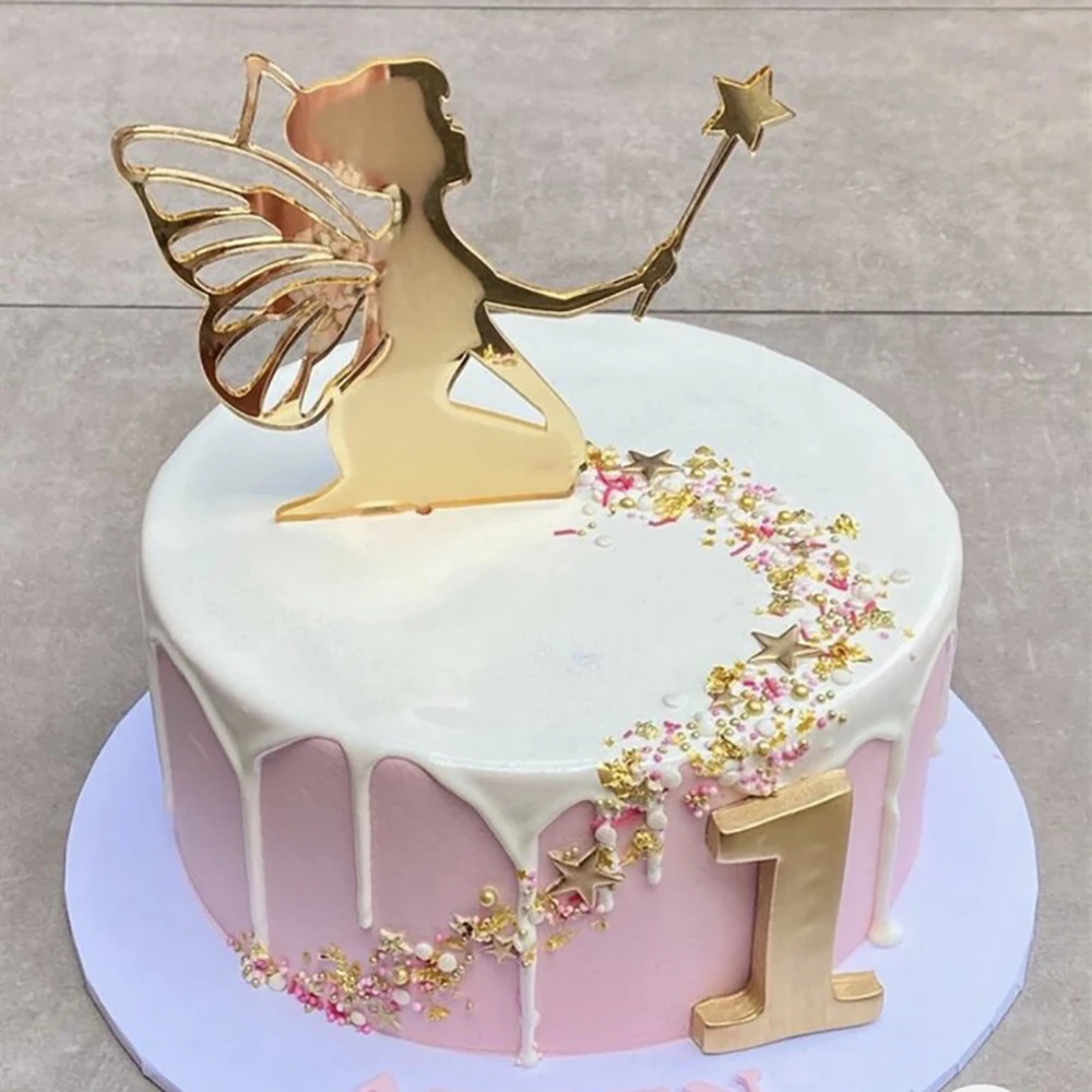 

Little Fairy Happy Birthday Cake Toppers Gold Acrylic Angel Castle Elf Cake Topper for Birthday Party Cake Decorations Supplie