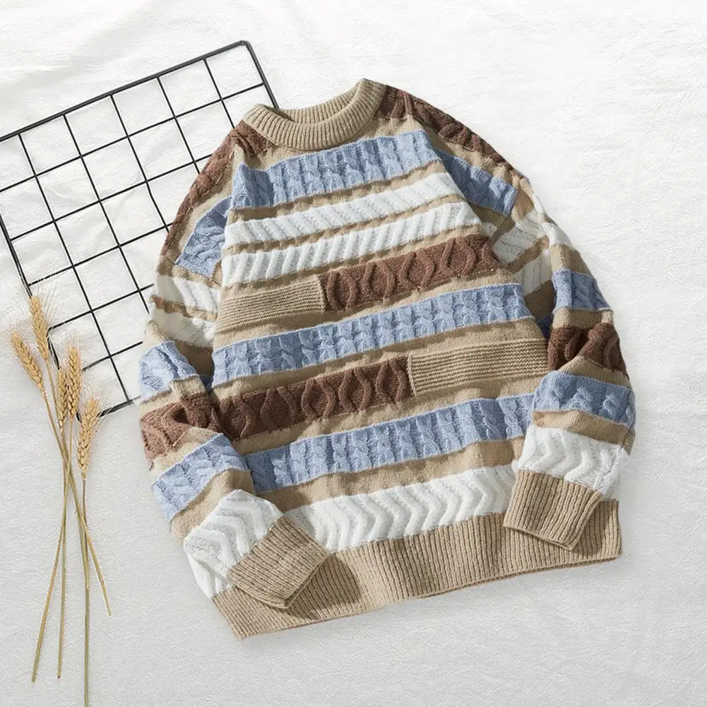 

Men Knitted Sweater Stylish Men's Knitted Sweater Soft Warm O Neck Pullover with Striped Contrast for Fall Winter Fashion Long