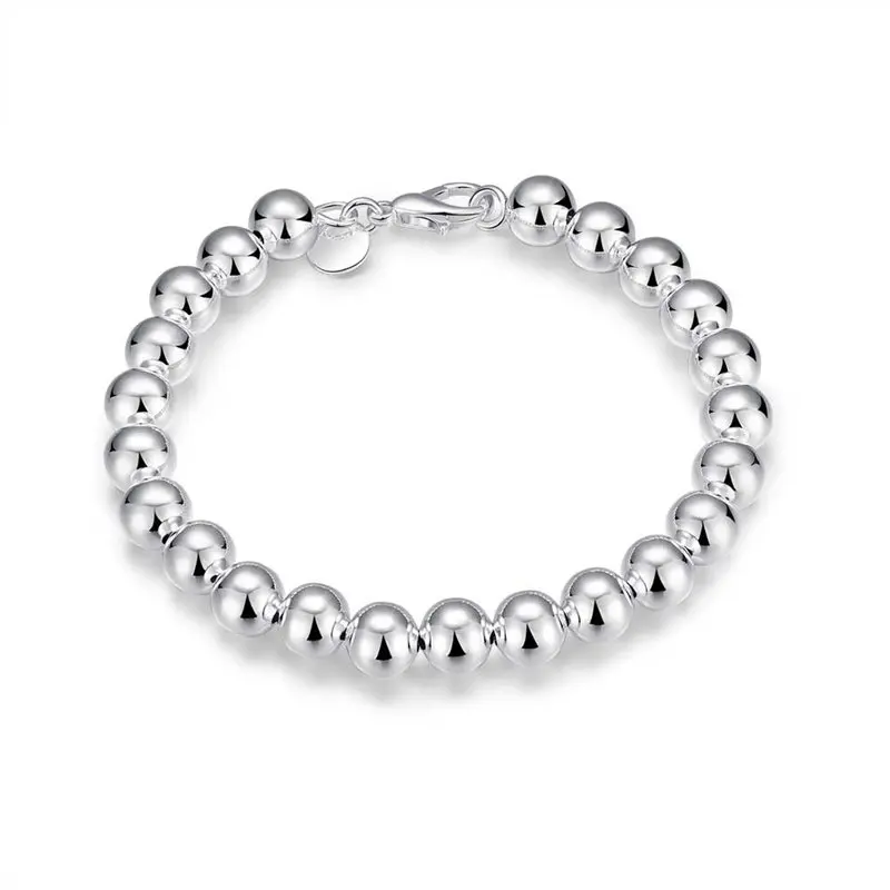 Charm 925 Sterling Silver 8 Inches 8MM Smooth Bead Chain Bracelet For Women Men Fashion Party Wedding Jewelry Wholesale