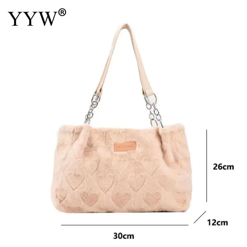 Large Capacity Soft Plush Underarm Handbag Casual Women's Love Heart Pattern Shoulder Bags Lady Winter Warm Furry Hobo Tote Bag