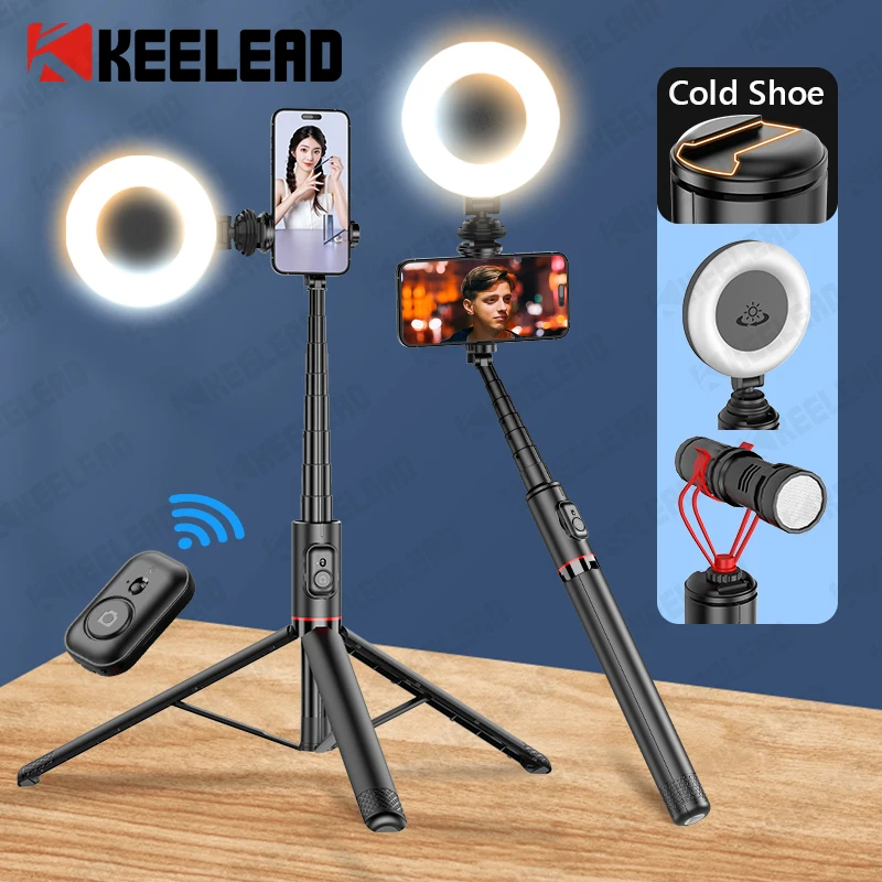 Portable Selfie Stick with Bluetooth Remote,Cold Shoe Ring Light