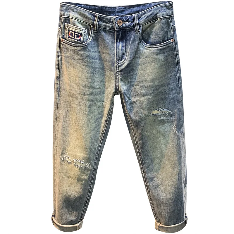 Ripped cropped jeans men's summer thin loose trendy slim fit harem light color High Street pencil pants retro pants