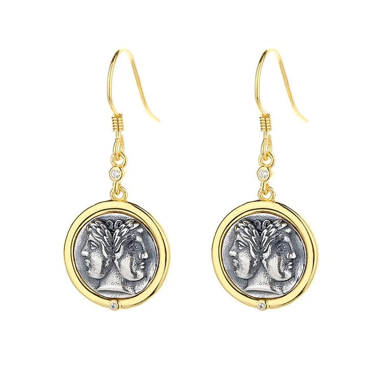 

SMS-2 ZFSILVER S925 Silver Fashion Trend Luxury Roman Janus Gold Retro Ancient Coins Earrings Jewelry Women Match-all Gift Girl