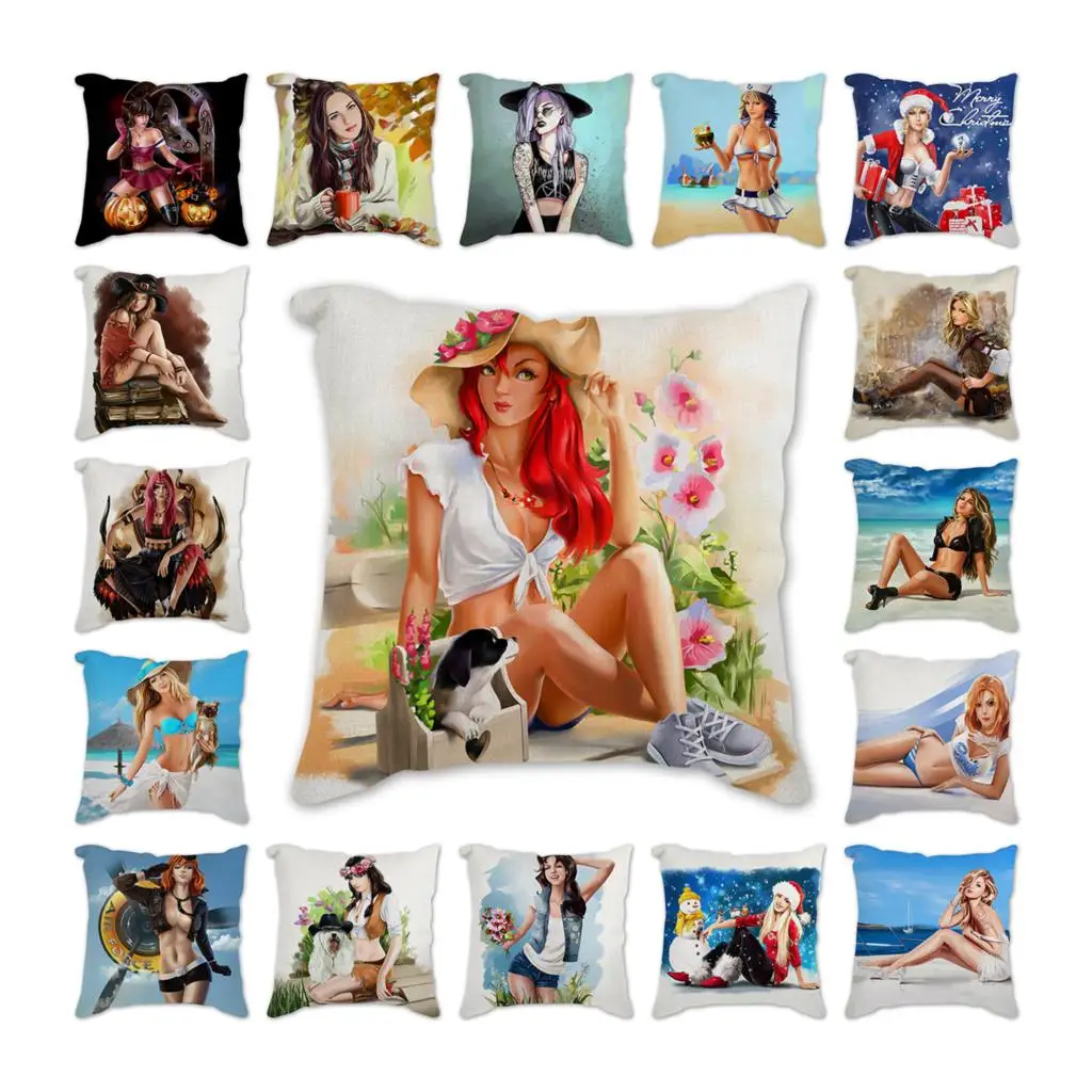 

funda cojin Sexy cartoon girl Cushion Cover Linen Pillow Cover For Living Room 45*45 クッション・カバー cojines decorativos para sofá 쿠션