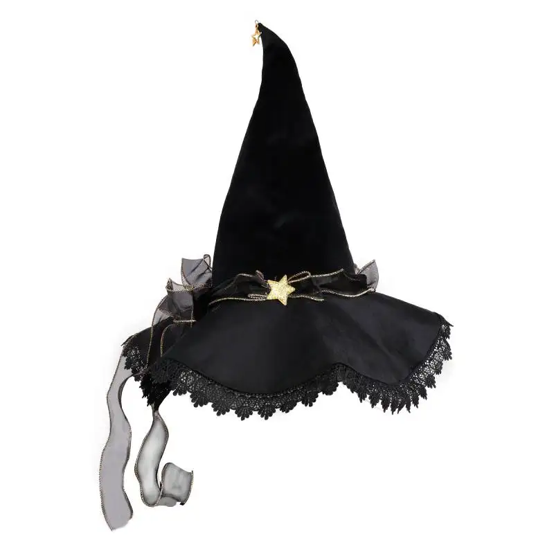 

DAZCOS Women Black Velvet Witch Hat with Lace Brim Wizard Cosplay Halloween Fancy Dress Party Costume Accessory Pointed Hat Gift